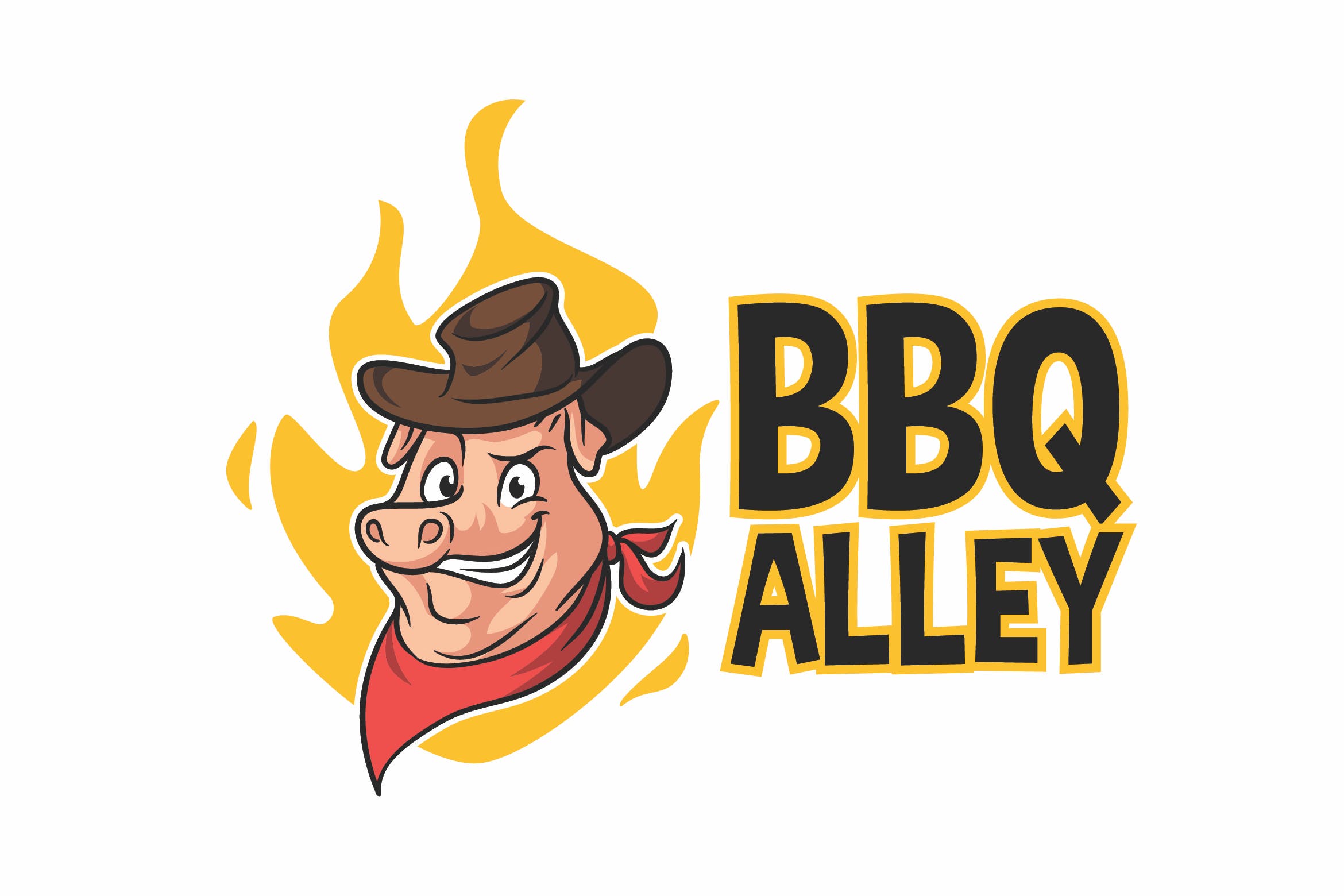 烧烤猪卡通吉祥物Logo标志设计模板 BBQ Alley – Barbecue Pig Character Mascot Logo