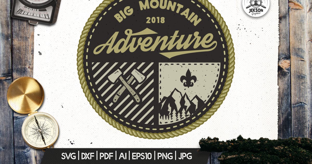 复古荒野旅行圆形标志Logo模板 Mountain Camp Logo, Vintage Adventure Badge Patch