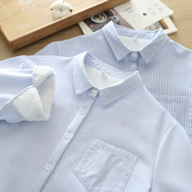 Small fresh literary blue vertical stripes plus velvet thickened shirt women's long-sleeved Korean style commuter pure cotton Oxford shirt