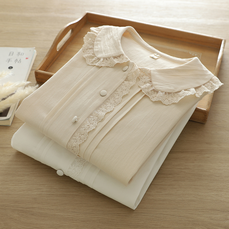 Sweet Japanese-Style Ladylike Lace Collar Shirt for Women, Long-Sleeved Student Doll Collar Loose Solid Color French-Style Shirt