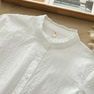 秋季新款韩范蕾丝花边镂空立领白衬衫女长袖百搭宽松纯棉法式衬衣