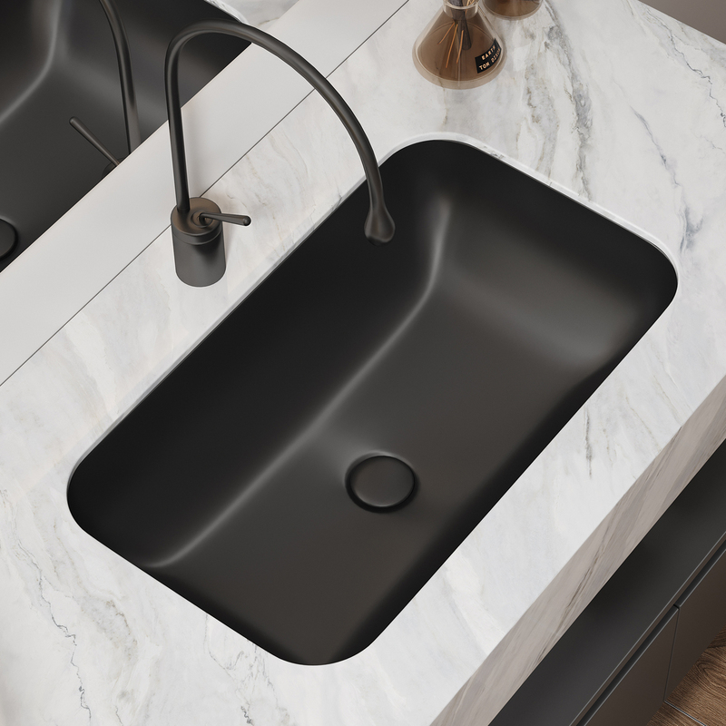 Ceramic Undermount Basin, Black Curved Washbasin, Balcony Embedded Bathroom Washbasin, Deep Single Basin, Large Size