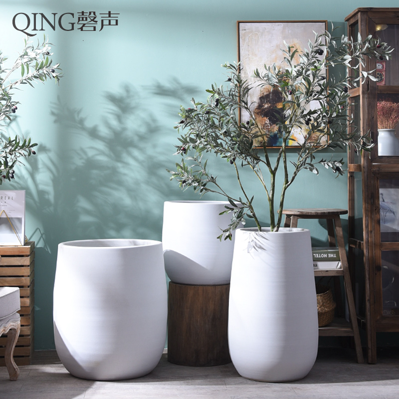 Nordic white ceramic vase of large diameter cylinder flowerpot courtyard flower arranging dried flowers sitting room put green plant adornment furnishing articles