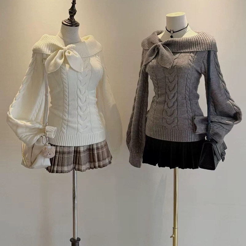Original Vintage Rabbit Ear Knot Slimming Knit Sweater for Women, Autumn and Winter Nana Style Waist-Cinching School Uniform Jacket