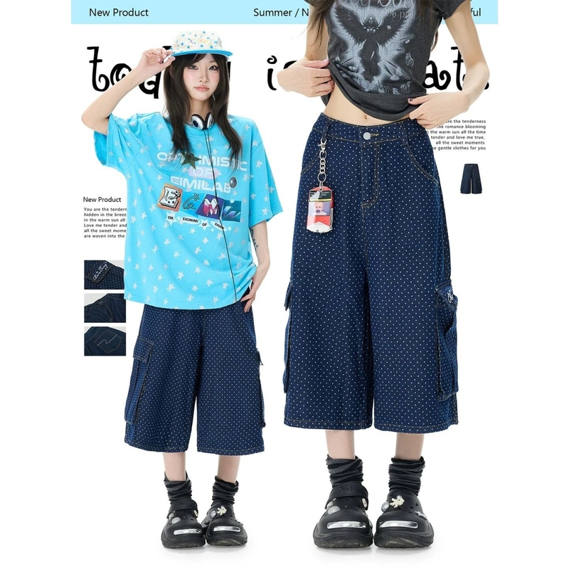 Plus-Size American-Style All-Over Polka Dot Embroidered Workwear Multi-Pocket Denim Shorts Loose Versatile Straight Wide-Leg Cropped Pants
