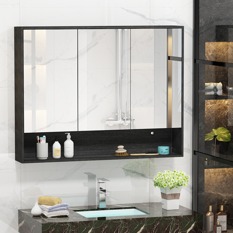 Solid wood bathroom mirror cabinet wall-mounted toilet Nordic mirror with shelf light toilet mirror box dressing storage