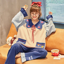 Pajamas ladies spring summer summer cotton long sleeve home Clothing Spring and Autumn Net red thin cotton plus size set