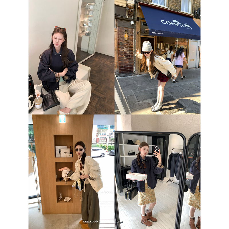 Aaaaxbbb Rousseau's Lake Loose Stand-Up Collar Jacket with Plaid Design on the Cuffs, Versatile Spring and Autumn Top for Women