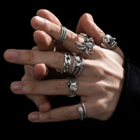 European and American style hip -hop rings Male retro old spider snake bat skull double -headed snake ring men's 7 -piece set