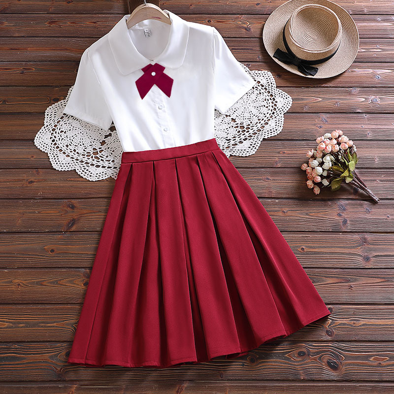 Summer College Style Short-Sleeved Shirt, Mid-Length Pleated Skirt, Half-Length Skirt Suit, Student Class Uniform, Jk Uniform, Plus Size Women's