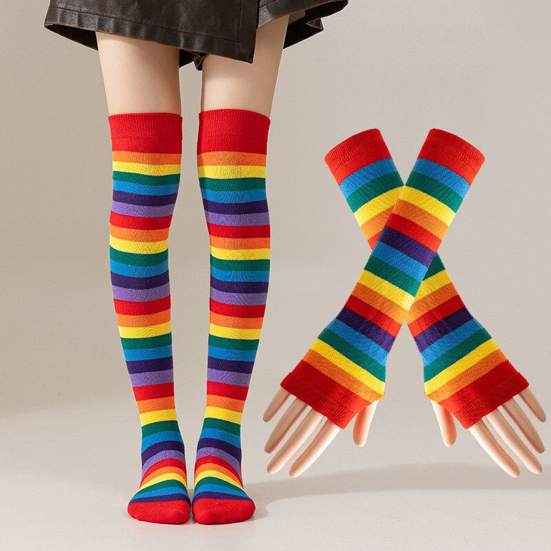 Children and Adults Rainbow Striped Long Socks Student Performance Catwalk Colorful Arm Sleeves Party Cosplay Calf Socks