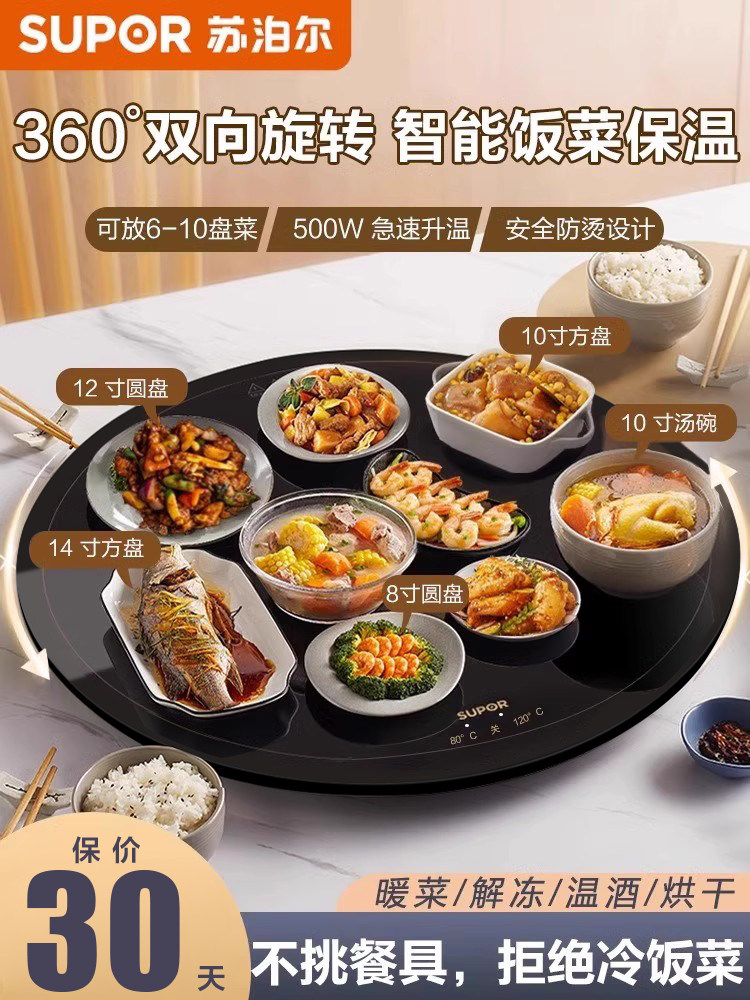 Supor Warming Plate, Hot Dish Plate, Food Insulation Plate, Round Multifunctional Household Plate, Heating Table Mat, Hot Dish Magic Tool