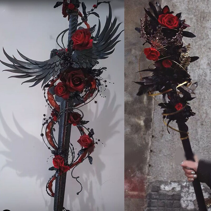 Original Lolita Handmade Halloween Gothic Dark Rose Scepter Cos Black Angel Wings Prop Wand Original Lolita Handmade Halloween Gothic Dark Rose Scepter Cos Black Angel Wings Prop Wand