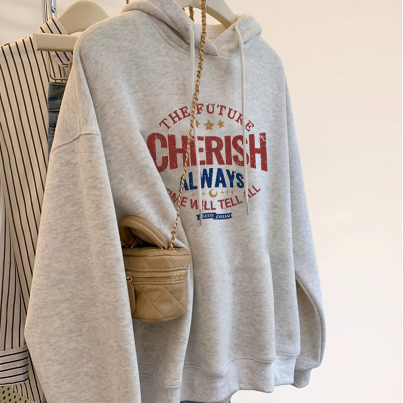 KV Jeanswest グレー スウェットシャツ レディース 2025 春秋新作 アメリカン ゆったり 薄手 ラウンドネック フード付き スウェットシャツ ジャケット