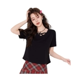 Летняя хлопковая короткая тонкая модная футболка с коротким рукавом, V-образный вырез, подходит для подростков, облегающий крой