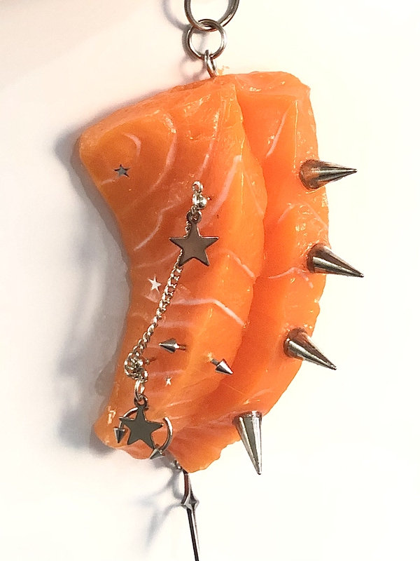 Yabi Salmon Y2K Studded Bag Charm with Realistic Food Keychain Design Accessory Yabi Salmon Y2K Studded Bag Charm with Realistic Food Keychain Design Accessory