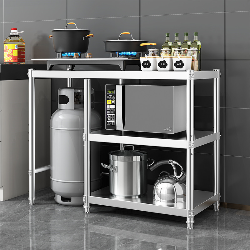 Stainless Steel Kitchen Three-Tier Gas Tank Storage Rack, Floor-Standing Stove Rack, Chopping Board Countertop Multi-Functional Storage Rack