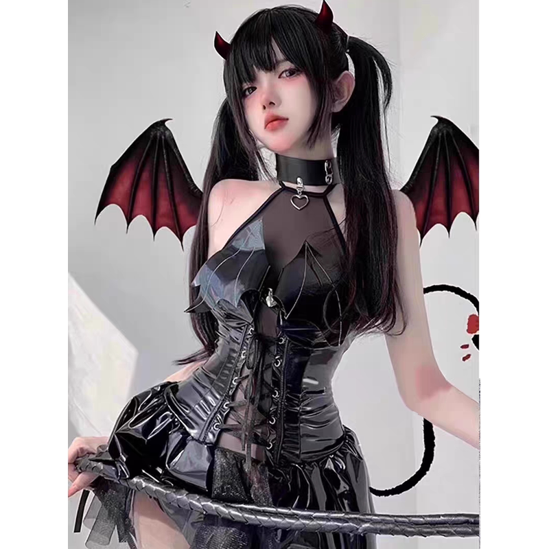 Hot Girl Halloween Outfit Slightly Chubby Pure Desire Little Devil Cosplay Uniform Patent Leather Shiny Dress Hot Girl Halloween Outfit Slightly Chubby Pure Desire Little Devil Cosplay Uniform Patent Leather Shiny Dress