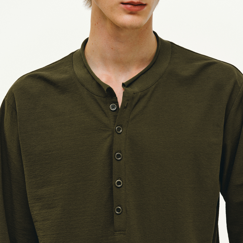 Nonradical'Crinkle Cotton' Rolled Hem Henry Collar Long Sleeve T-Shirt Nr