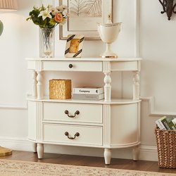 European-style Retro solid wood semicircle entrance table facing the door porch cream style porch cabinet against the wall white cabinet