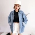 Mùa xuân và mùa thu mới Hàn Quốc bf phong cách Harajuku lỏng lẻo hoang dã lớn bỏ túi denim áo khoác ngắn nữ sinh viên áo khoác cardigan nữ Áo khoác ngắn