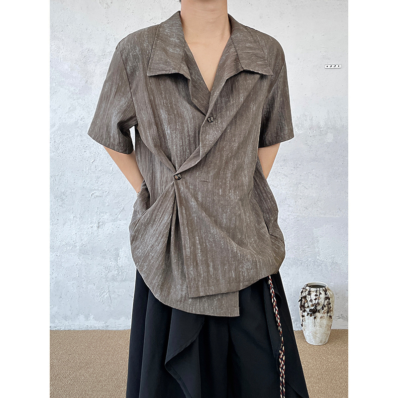 Bkyc French Retro Design Short-Sleeved Shirt for Men and Women, Lemaire Style Irregular Wide Collar Shirt with a Cool Feel