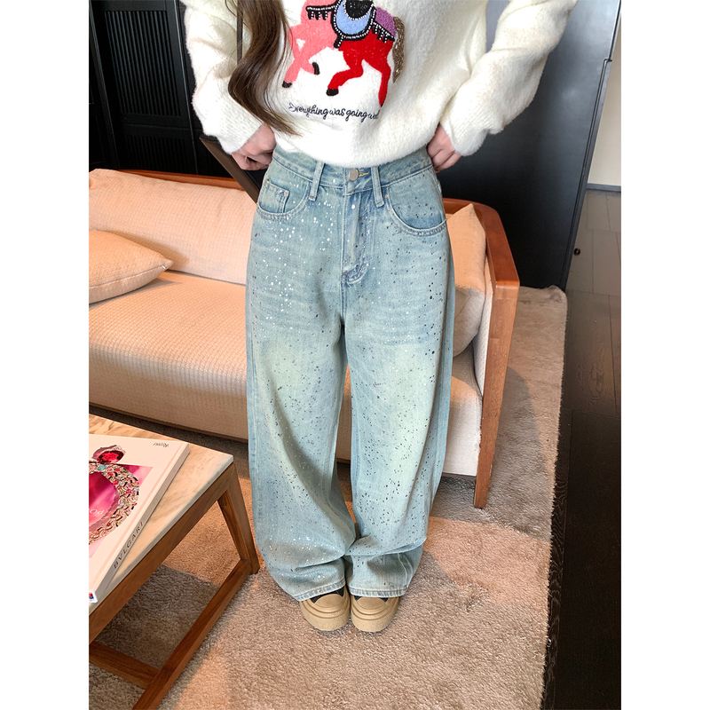 Xxiiuu Silver Ink Splash Spring/Summer New Loose Wide-Leg Jeans for Women Versatile Casual Slimming Long Pants