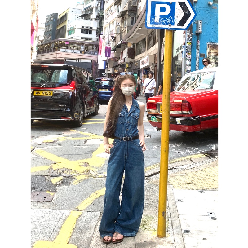 Xxiiuu【Minimalism】Vintage Hong Kong Style Cut-Out Denim Jumpsuit for Women, Summer Slim-Fit Elegant Jeans