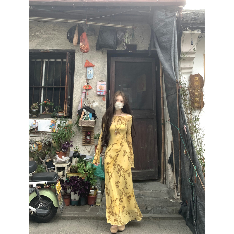 Xxiiuu【Southern French Style】French-Style Off-Shoulder Printed Long-Sleeve Dress for Women, Slim-Fit Dress, Draped Long Dress Xxiiuu【Southern French Style】French-Style Off-Shoulder Printed Long-Sleeve Dress for Women, Slim-Fit Dress, Draped Long Dress