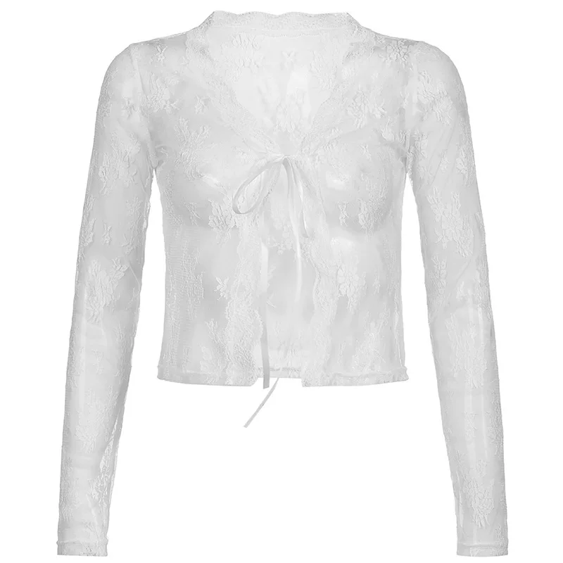 Solid Color LACE MESH CANG-SLEEVED TOP Gyeenal Cracker