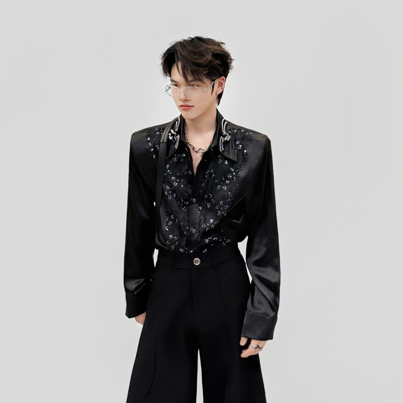 High-End Trendy Satin Long-Sleeve Shirt with Sequin Embroidery for Men