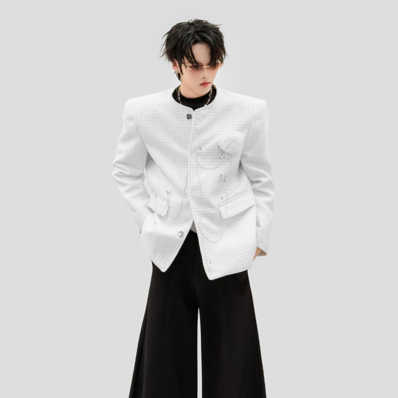 Luxury White Tweed Jacket for Men with Three-Dimensional Floral Embellishments and Chain Shoulder Pads