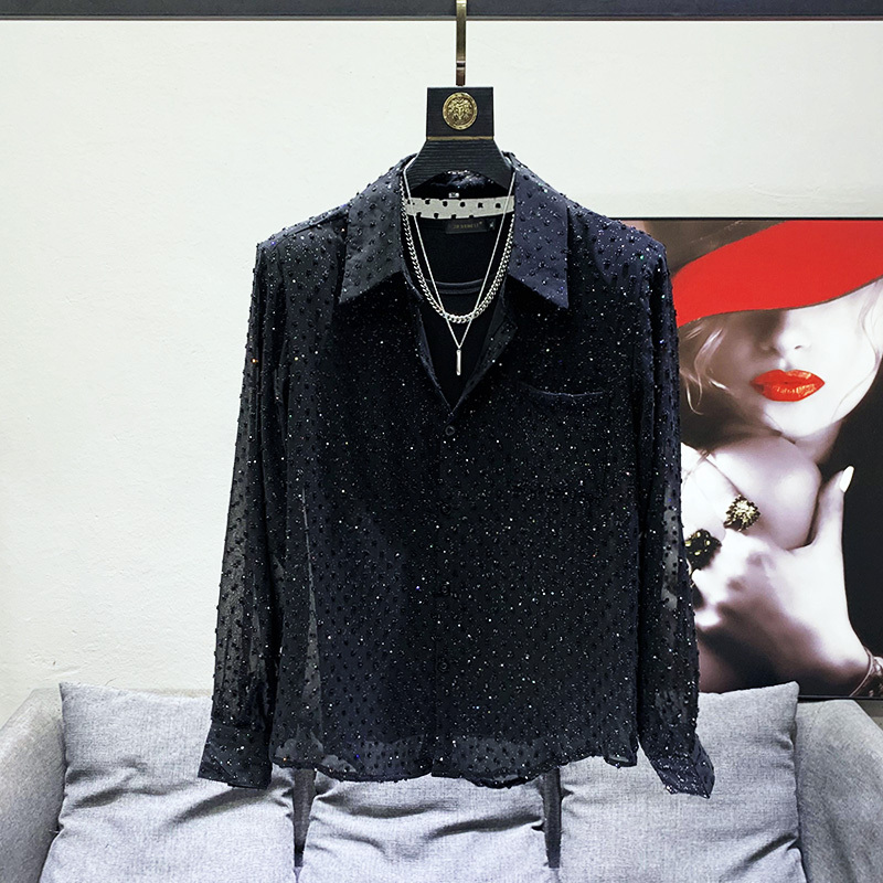 Vintage Sequin Long-Sleeve Shirt for Men with Shoulder Pads, Summer Hollow-Out Design, Niche Shirt, Thin See-Through Top, Trendy