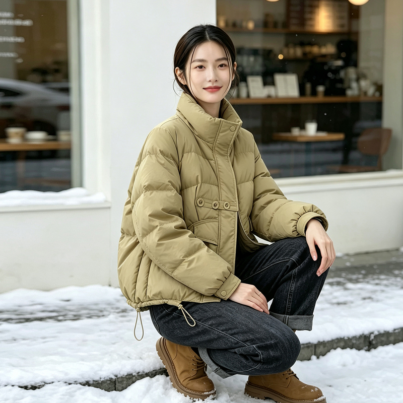 Short Stand-Collar down Jacket for Women 2026 Winter Loose Versatile Petite Thick Drawstring White Duck down Warm Coat