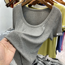 European big round neck with clavicle thread short sleeve t-shirt womens 2021 summer dress new wild wear shirt shirt shirt top tide tide