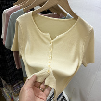 2022 spring and summer new short sleeves thin knit small cardiovert woman gentle wind pit strips with slim t-shirt short and high waist blouses