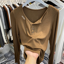 Design Sense Asymmetry Button Embroidered Thread Long Sleeve T-shirt Woman 2021 Early autumn new foreign air slats undershirt