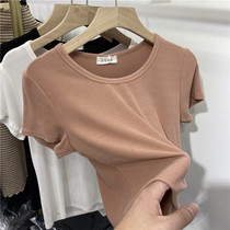 Round neck threaded short-sleeved T-shirt womens 2021 spring new wild basic section inside the base of the small shirt thin top