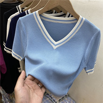 European short high waist color v collar ice silk knitted short sleeve T-shirt female 2021 summer New tight shirt shirt