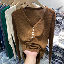 2021 Autumn Fitted New V Collar Button button Conspicuous Slim Knit Cardiovert Blouse Blouse Women Long Sleeve 100 Hitch Soft Glutinous Thin sweaters