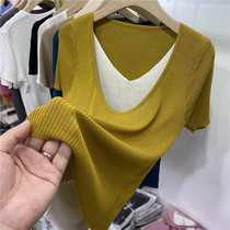 Vled ice silk knit fake two blouses women 2022 spring and summer new foreign air repair 100 lap short sleeve T-shirt wins