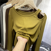 Ogoods Hollowed-out Shoulder Asymmetrical Long Sleeve T-shirt Woman 2021 Spring new thread Nets for undershirt foreign air blouses