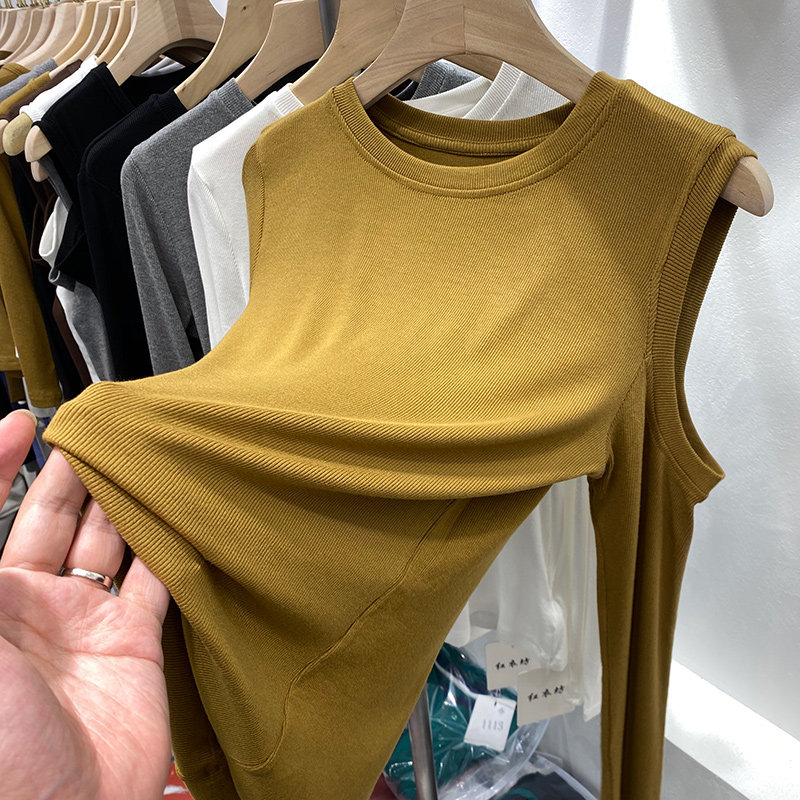 Eurcargo Design Sense Asymmetrical Dew Shoulder Thread Long Sleeve T-shirt Woman 2021 Early autumn new foreign pie undershirt blouse