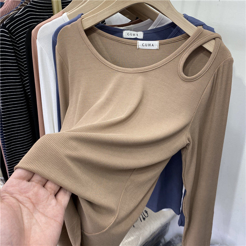 European round neck hollow shoulder long sleeve T-shirt women's 2022 spring new interior bottoming shirt foreign style small shirt top