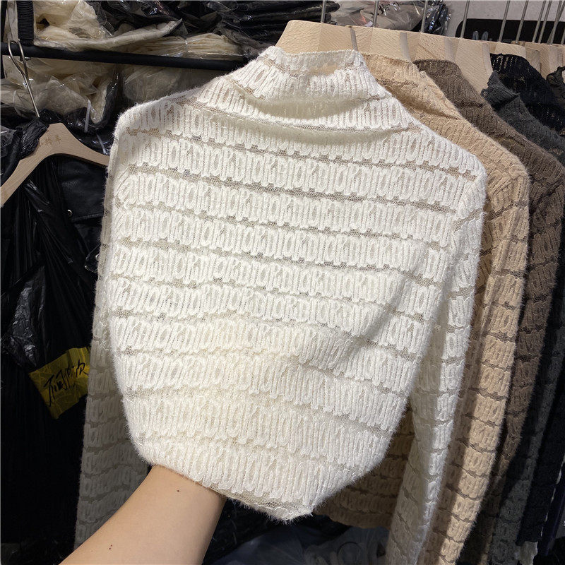 Temperament Semi-High Neckline Wool Mesh Yarn Lace Gown Girl 2021 Spring Dress New Inner Hitch Undershirt Foreign Blouse Tide