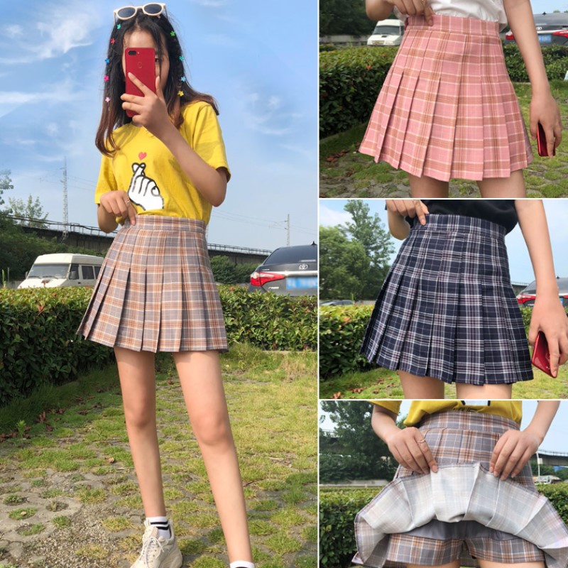 Plaid pleated skirt short skirt women's 2021 spring and summer new high-waisted student jk grid skirt large size a word thin skirt