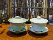 Fenghua kilns thé set Lingang couvrent les bols Ru kiln feuilles ouvertes lunette blanche poudre verte trois-seulement bol thé tasse de thé Gongfu thé plateau de thé