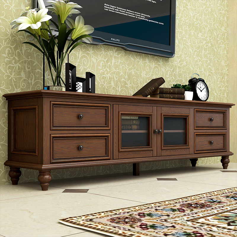 American - style wood TV cabinet 2 meters film and television cabinet tea - table TV cabinet set small household white wax wood furniture