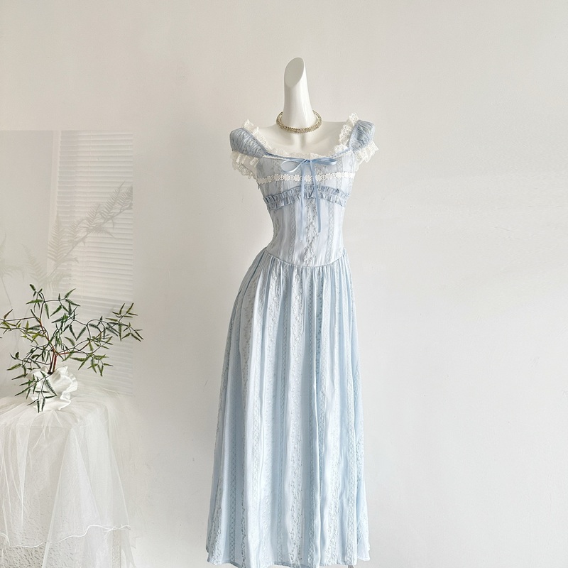 Mist Blue Coast/Blue Long Square-Neck Lace-Up Waist-Cinching A-Line Dress for Women, Summer Sweet Dress