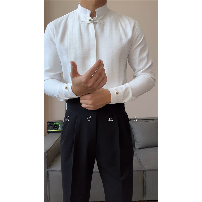Men's Chinese-Style Stand-Up Collar Shirt with Long Sleeves and Button Design Casual Shirt 2528